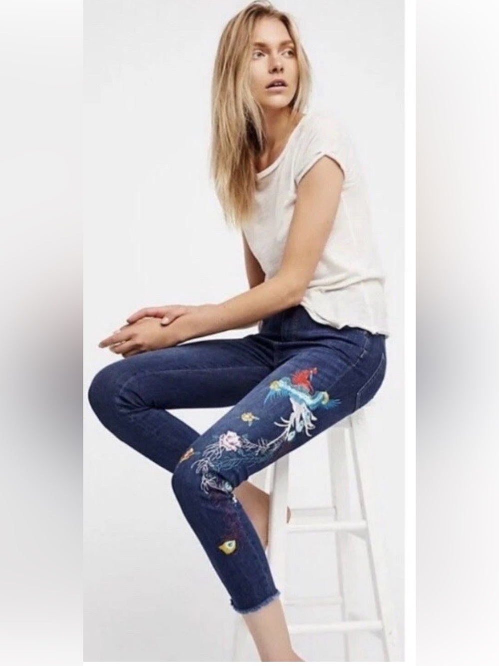 Free People Embroidered Bird Jeans Sz 28 Raw Hem Boho Colorful Exotic Statement
